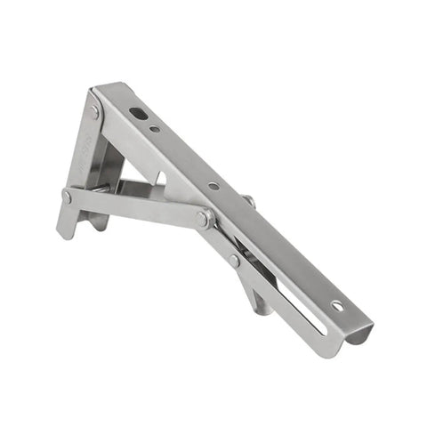 Rock Solid Heavy Duty Fold Flat Shelf Brackets No Fuss Wall Mounted Corner Brace Tight Space Savers Stainless steel bracket showing folding mechanism.