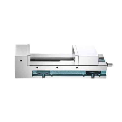 Heavy Duty CNC Vise And Angle Fixed Cross Milling Machine Fixture Featuring Knockout Jaw Opening Plus Lockdown Workbench Mount, side view.