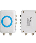 Front and back view of NTSC RF Modulator To RF Coaxial Converter Kit With AV Output For DIY CATV Setup showing ports and label.