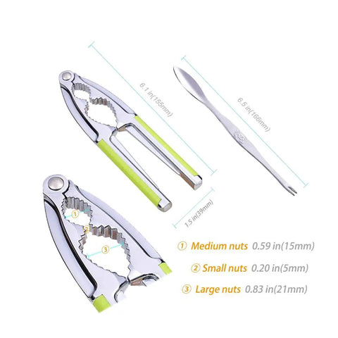 Heavy Duty Nut And Shell Cracker Set With No Slip Grip Handles featuring zinc alloy nutcrackers and seafood pick with measurements