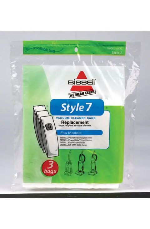 Genuine Style 7 Vacuum Cleaner Bags 3 Pack Replacement For Model 32120 in sealed packaging front view