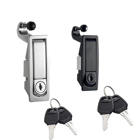 Two flush-mount compression latch locks (zinc alloy) in silver and black with two key sets.