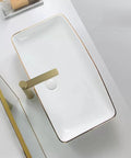 USZWBY Bathroom Vessel Sink Modern Ceramic Vessel Bowl Sink in Decor Golden Top Mount Bathroom Sinks Above Counter Rectangle Vanity Countertop Sink Bowl, WHI from above with elegant design and gold trim.
