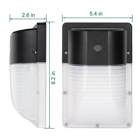 Side and front view of Super Bright Dusk To Dawn LED Wall Pack Lights for outdoor security, black and clear, 2.6x5.4 inches