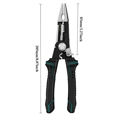 Premium Multifunctional Electrical Wire Stripper And Crimping Pliers, 205mm long with black rubber grips for electrical work.