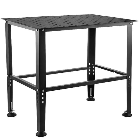 Heavy Duty Adjustable Welding Table With Steel Reinforced Frame, 600 Pound Capacity, 36 By 24 Inch Worktop, side view of sturdy black metal design.