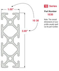 Built Like A Tank 1X3 Inch T Slotted Aluminum Extrusion Rail With Eight Wide Open Channels Clear Anodized Finish showing dimensions.