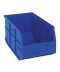Front view of Heavy Duty Stackable Shelf Bins Part Organizer 14 in long blue polypropylene storage bin for tools and hardware.
