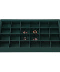 Top Tier PU Leather Jewelry Display Tray Featuring Twenty Four Secure Grid Slots For Rings Earrings And Brooches with jewelry.