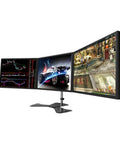 Heavy Duty Dual Monitor Desk Mount Featuring Fluid Mechanical Arms Quick Height Adjustments And Rock Solid Clamping Base with three screens.
