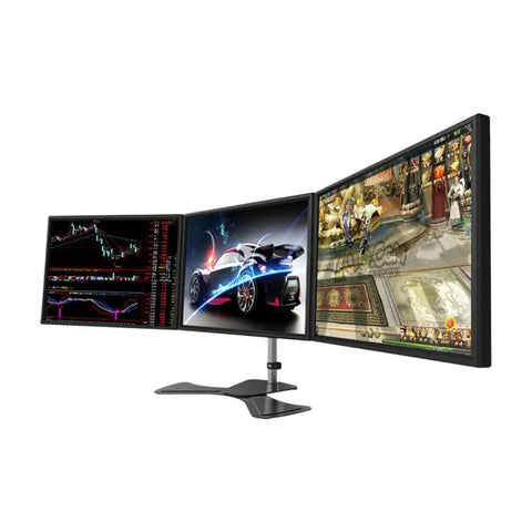 Heavy Duty Dual Monitor Desk Mount Featuring Fluid Mechanical Arms Quick Height Adjustments And Rock Solid Clamping Base with three screens.