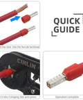Quick guide showing the Pro Grade Heavy Duty Square Ferrule Crimping Tool Kit with red copper wire and crimped terminal.
