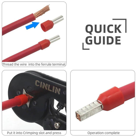 Quick guide showing the Pro Grade Heavy Duty Square Ferrule Crimping Tool Kit with red copper wire and crimped terminal.