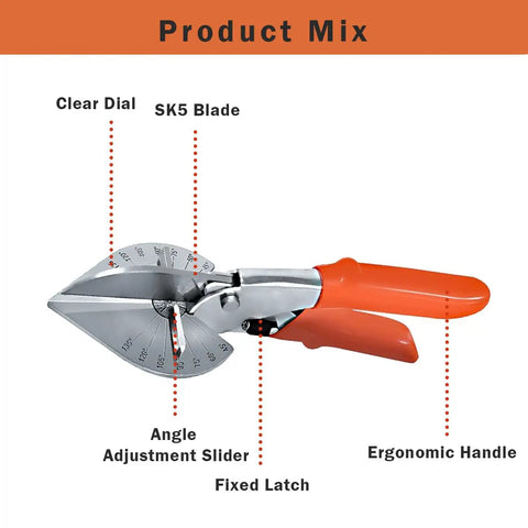 Multi Angle Miter Shear Cutter for Wood PVC and Molding Trim with 45 and 90 Degree Cutting Capability showing parts and handle