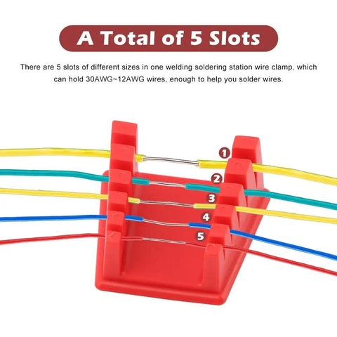 Magnetic Helping Hands Soldering Station With Five Slot Wire Holder Clamp showing colored wires in five slots for precise solder joints