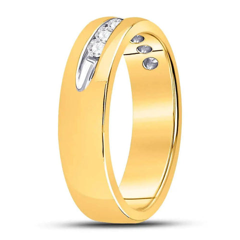 Timeless 14Kt Yellow Gold Men Wedding Ring Featuring Machine Set Round Diamonds In A Channel Setting Quarter Cttw solid polished finish