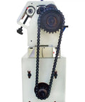 Built Tough Electric 50 Inch Heavy Duty Metal Roller, close-up of gear and chain mechanism for sheet metal bending.