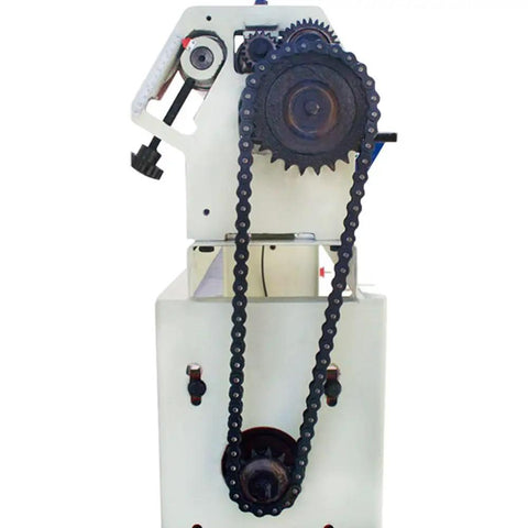 Built Tough Electric 50 Inch Heavy Duty Metal Roller, close-up of gear and chain mechanism for sheet metal bending.
