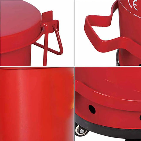 Close-up details of Heavy Duty Galvanized Steel Oily Waste Can Built Tough As Nails For Shop Use with kick lever and handle.