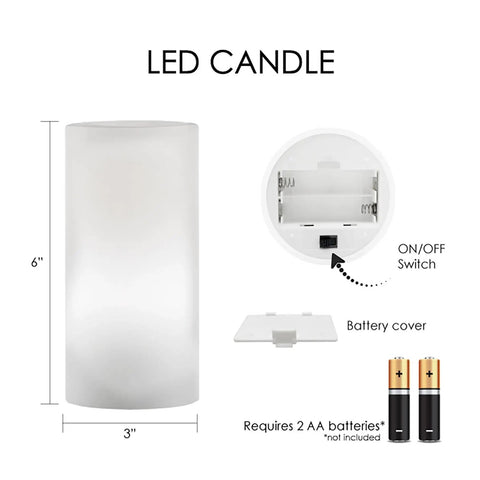 Flameless LED Flickering 6 Inch Pillar Wax Candle Light With Realistic Glow Dragonfly Art Tiffany Battery Operated Remote Control With Timer back and battery compartment view
