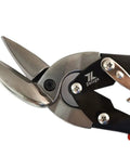 Close-up of Heavy Duty Left And Right Aviation Snips Combo Pack For Sheet Metal Cutting Pinch Thru Point Design showing metal blades