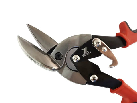Close-up of Heavy Duty Left And Right Aviation Snips Combo Pack For Sheet Metal Cutting Pinch Thru Point Design showing metal blades