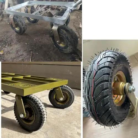 Heavy Duty 8 And 10 Inch Replacement Wheels For Furniture Workbenches Air Filled Industrial Casters, showing different angles and installation on carts.