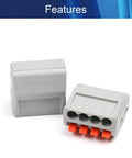 Front and side view of 4 Position Spring Wire Connector Kit PCT-214 Screw Quick Terminal Block, gray plastic housing, 250V 32A.