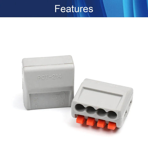 Front and side view of 4 Position Spring Wire Connector Kit PCT-214 Screw Quick Terminal Block, gray plastic housing, 250V 32A.