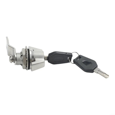 Side view of Heavy Duty Cabinet Cam Lock With Two Keys, Zinc Alloy Cylinder Lock for distribution boxes, brushed silver finish.