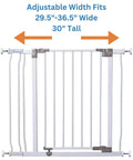 Walk Through Baby Safety Gate Set With 3.5 Inch Extension, white, adjustable width 29.5 to 36.5 inches, pressure mounted, kid safe.