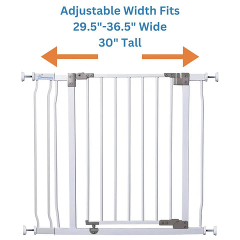 Walk Through Baby Safety Gate Set With 3.5 Inch Extension, white, adjustable width 29.5 to 36.5 inches, pressure mounted, kid safe.