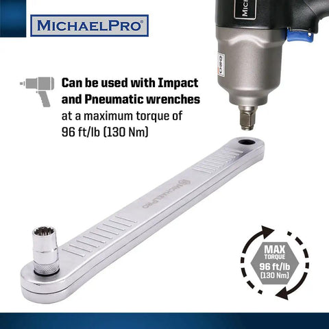 Extension Wrench Built Tough With 13.4 Inch Length And 3/8 Inch Square Drive Heavy Duty Steel Frame Aluminum Casing shown with torque details