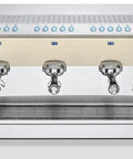 Front view of Three Group Espresso Machine With Digital Display Programmable Dosing And Pressure Gauges In White For Busy Cafes Hotels And Restaurants A High Volume Pro Grade Coffee Station.