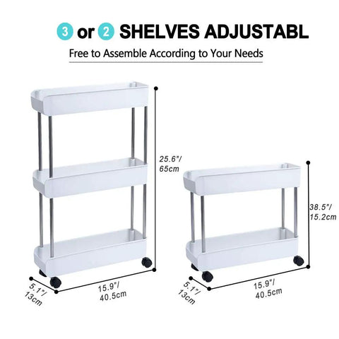 Sleek 3 Tier Slim Rolling Storage Cart With Slide Out Shelves For Tight Squeezes, adjustable height, pure white, kitchen and bathroom use.