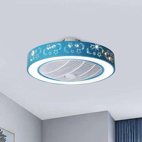 20.5 Inch Drum LED Ceiling Fan Light With 7 Blades Blue For Kid's Room with star design, modern flush mount, and dimmable lights