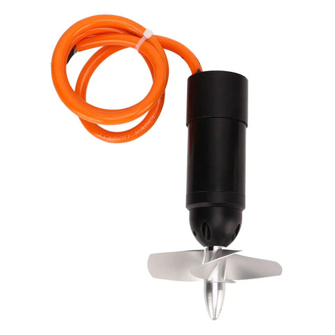 Beefy 48V Underwater Thruster for RC Boats and ROVs, 4000 RPM Aluminum CNC Housing with a 4 Blade Propeller, orange cable