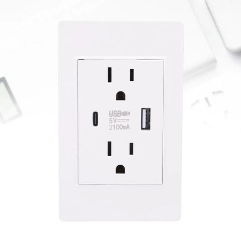 No Snags Heavy Duty Usb And Type C Wall Outlet With 15A Flame Retardant Receptacle For Home Office Dorm Fast Charging Power Strip Us Plug front view showing USB ports and compact design.