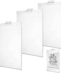 Three Pack 8.5x11 Clear Slat Wall Sign Holders For Menus And Flyers, Slatwall Brochure Frames displayed against a white background
