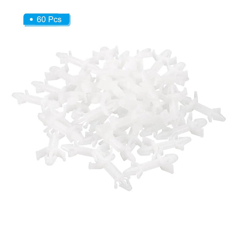 Top Shelf 60 Pack Nylon PCB Standoffs With Snap Tight Reverse Locking Clamps 12.9 mm Height, white nylon spacers arranged in a pile.