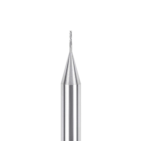 Close-up of SpeTool carbide upcut inlay router bit with 1/32 in cutting diameter and 1/4 in shank for wood engraving
