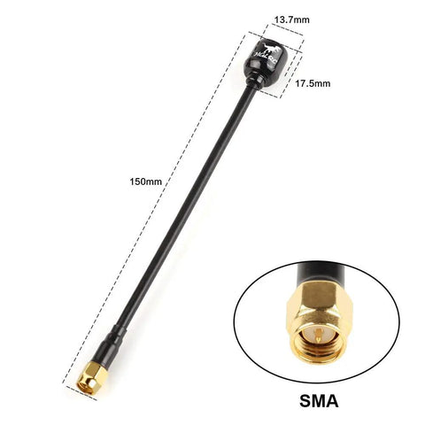 RHCP SMA Long Range FPV Antenna For 5.8G Drones, 2.5dBi Gain, 150mm length, gold SMA connector, black radome, set of two