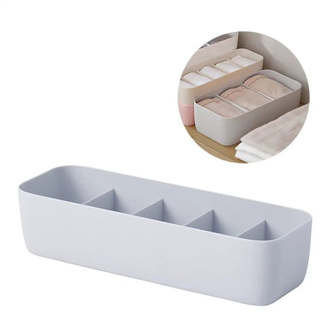 3 Piece Stackable Storage Box Set With Dividers For Bras And Leggings Multi Compartment Drawer Organizer Bin For Underwear Socks Plus Neck Ties in grey plastic.