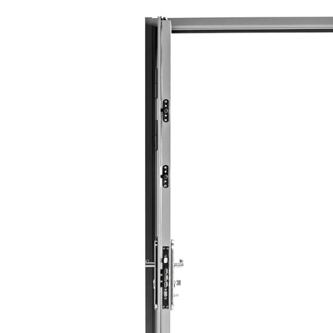 Side view of six-panel white steel security door with frame and hardware, left side hinged inward, adjustable width and height.