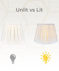 Empire English Pleat Lamp Shade 10 X 14.5 X 10 White Hand Tailored Silk Type Shantung Fabric With Off White Softback Lining Brass Finish Spider Fitter For Room Ready Vibe Classic Table Lamps shown unlit vs lit with warm glow.