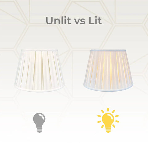 Unlit and lit Empire English Pleat Lamp Shade In White, 10.5 x 16 x 11, Hand Tailored Silk-Type Shantung Fabric on display.