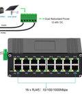 Rugged Industrial 16-Port Gigabit Ethernet Switch With 10/100/1000Mbps RJ45, dual power input, IP40 housing, front view.