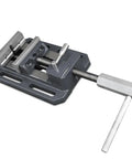Top Shelf Heavy Duty Drill Press Vise Featuring No Sweat Quick Release Mechanism And Generous 4 Inch Jaw Opening For Rock Solid Cast Iron Clamping On Metalworking Builds, grey cast iron vise with quick release lever.
