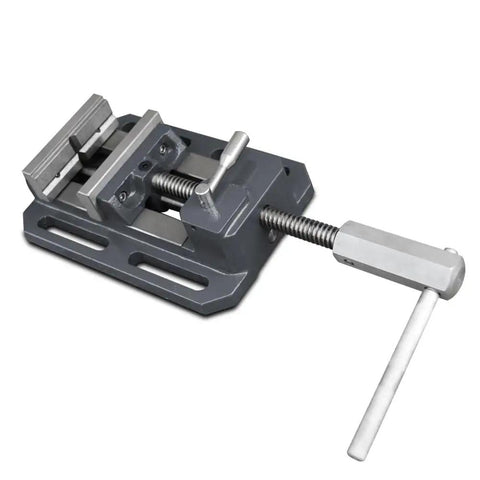 Top Shelf Heavy Duty Drill Press Vise Featuring No Sweat Quick Release Mechanism And Generous 4 Inch Jaw Opening For Rock Solid Cast Iron Clamping On Metalworking Builds, grey cast iron vise with quick release lever.