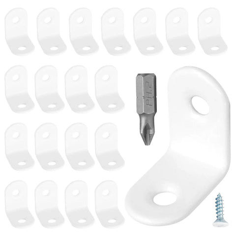 Heavy Duty White Metal Corner Braces 1 X 1 Inch Pack Of 20 Smooth Steel L Brackets With 40 Mounting Screws for repairs.